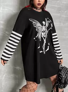 ROMWE PUNK Plus Skeleton & Butterfly Print Drop Shoulder Tee Dress - Black - View 3