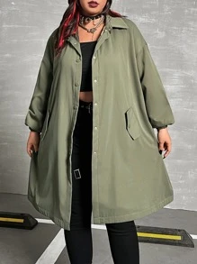 SHEIN EZwear Áo khoác cỡ lớn Nút Túi Slogan Giải trí - xanh quân đội - Xem 2