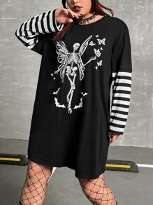 ROMWE PUNK Plus Skeleton & Butterfly Print Drop Shoulder Tee Dress - Black - View 4