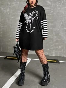 ROMWE PUNK Plus Skeleton & Butterfly Print Drop Shoulder Tee Dress - Black - View 5