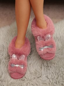 Women Plush Lined Slip-On House Slippers, Warm Cute Backless Indoor Thermal Slippers For Pregnant Women, Postpartum, Casual Wear,Fluffy Slippers - Pink - View 1