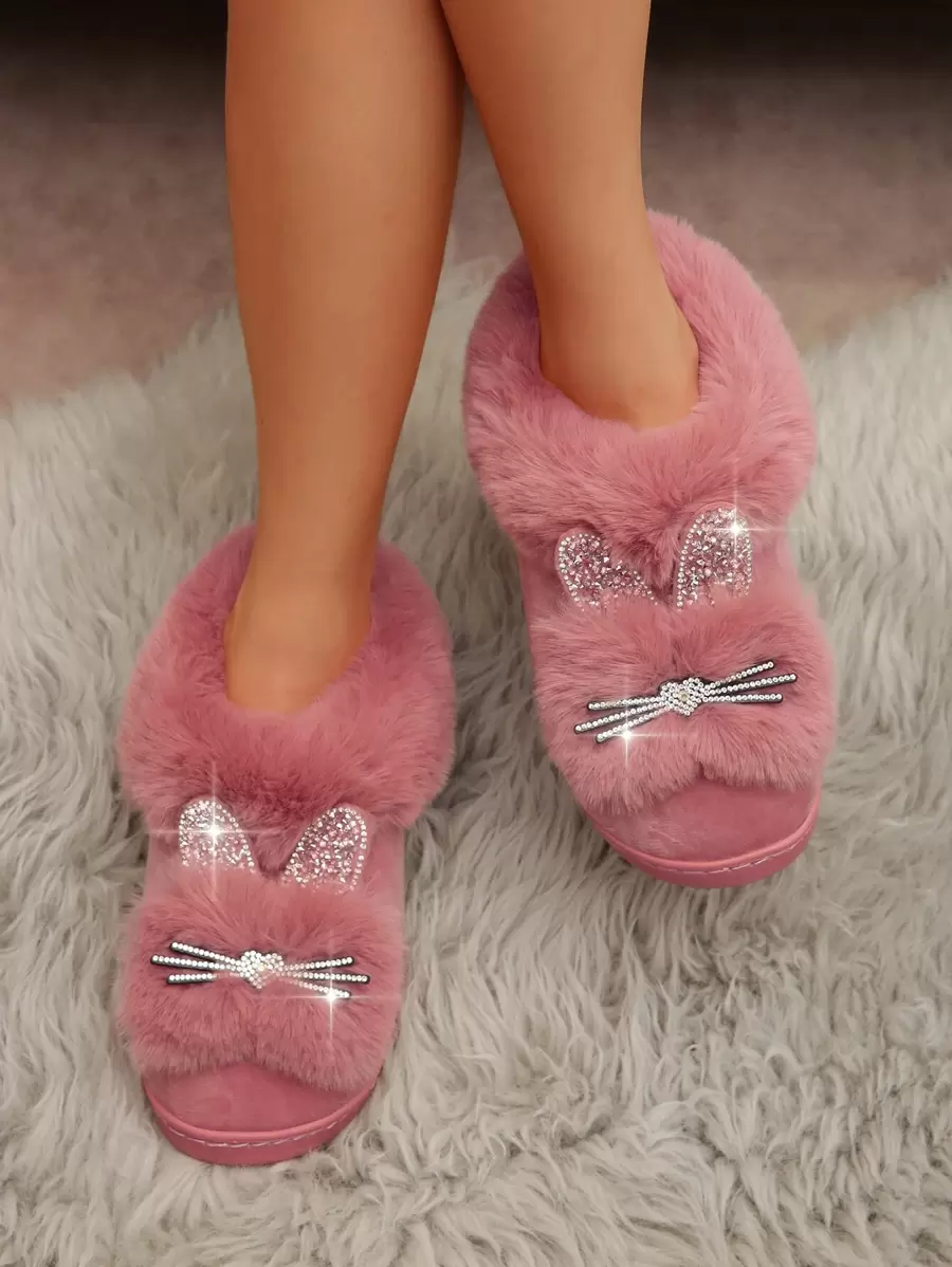 Women Plush Lined Slip-On House Slippers, Warm Cute Backless Indoor Thermal Slippers For Pregnant Women, Postpartum, Casual Wear,Fluffy Slippers - Pink - View 1