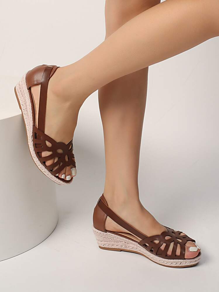 Fashionable Gold Hollow-Out Breathable Straw Braided Rope Casual Vacation Style Slip-On Wedge Sandals For Women,Spring Summer Outfits - Brown - View 4