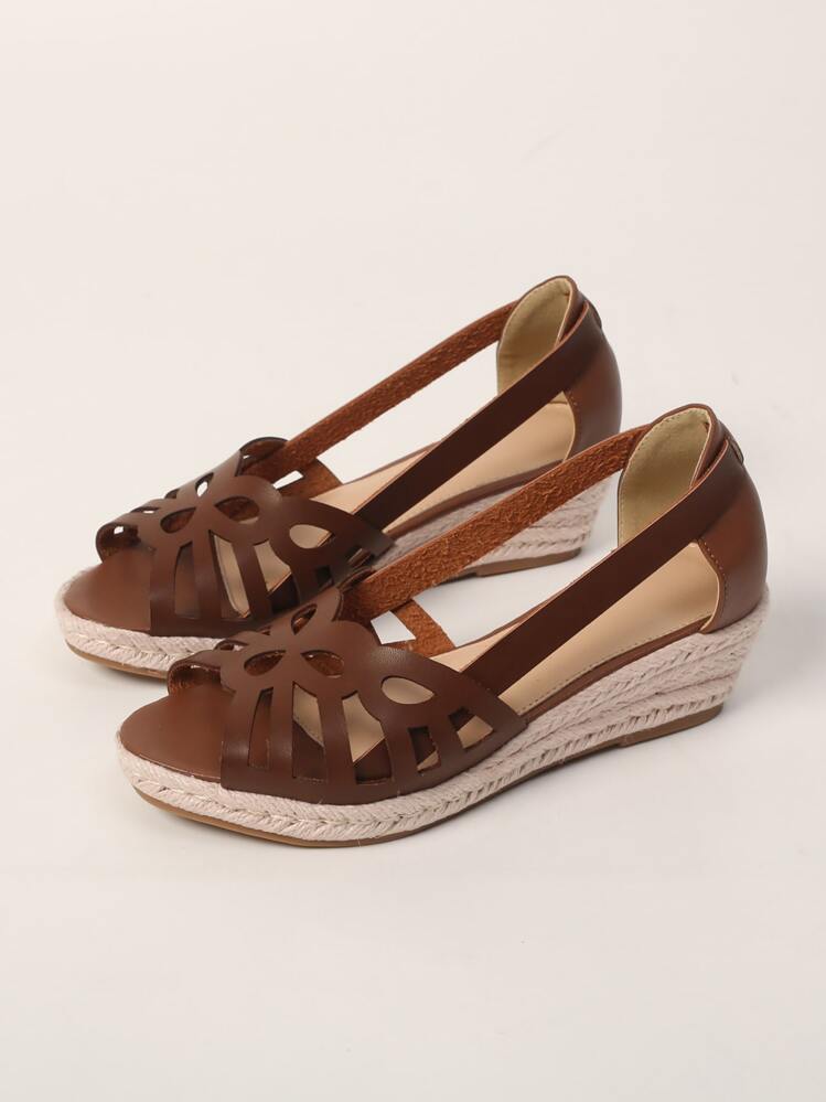 Fashionable Gold Hollow-Out Breathable Straw Braided Rope Casual Vacation Style Slip-On Wedge Sandals For Women,Spring Summer Outfits - Brown - View 5