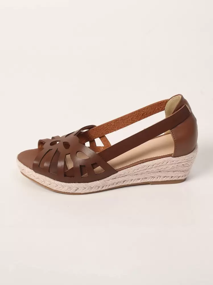 Fashionable Gold Hollow-Out Breathable Straw Braided Rope Casual Vacation Style Slip-On Wedge Sandals For Women,Spring Summer Outfits - Brown - View 6