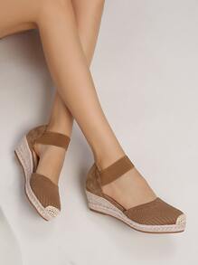 極簡風格編織踝帶坡跟鞋 - 卡其色 - 查看 2