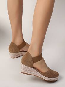 極簡風格編織踝帶坡跟鞋 - 卡其色 - 查看 4