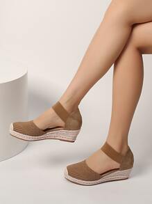 極簡風格編織踝帶坡跟鞋 - 卡其色 - 查看 6