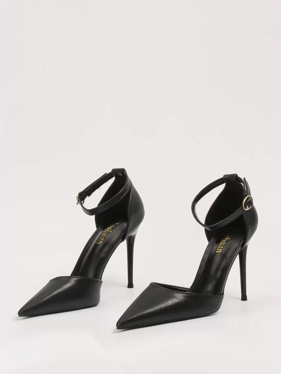 Tacones de punta con correa de tobillo, zapatos de tacón alto de mujer de color negro sólido elegante, elegante, de fiesta, stilettos - Negro - Ver 1