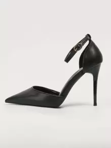 Tacones de punta con correa de tobillo, zapatos de tacón alto de mujer de color negro sólido elegante, elegante, de fiesta, stilettos - Negro - Ver 3