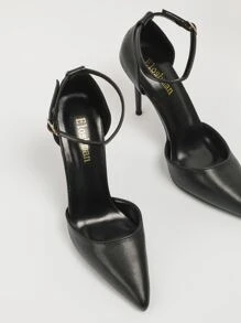 Tacones de punta con correa de tobillo, zapatos de tacón alto de mujer de color negro sólido elegante, elegante, de fiesta, stilettos - Negro - Ver 4