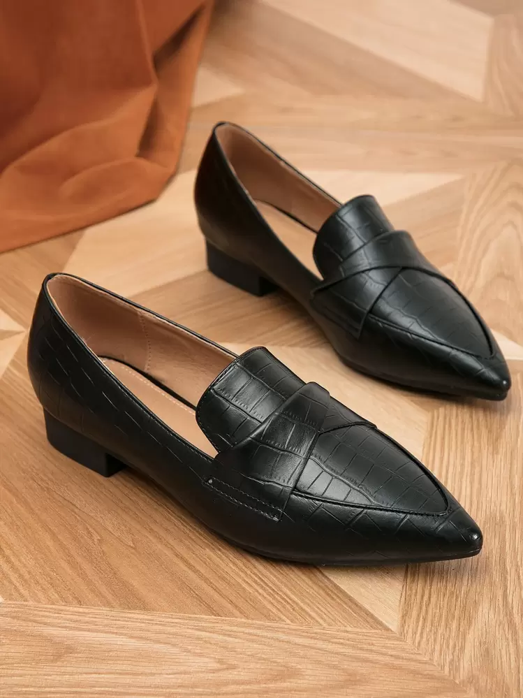 2025 Autumn Women Crocodile Embossed Twist Detail Point Toe Flat Loafers, Elegant Outdoor Flats - Black - View 2