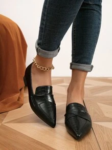 2025年秋季女士鳄鱼纹压花扭纹尖头平底乐福鞋，优雅户外平底鞋 - 黑色 - 查看 6