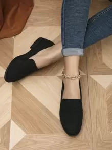 Women's Black Faux Suede Flat Shoes, Fashionable Pointed Toe Loafers, Autumn/Winter - Black - View 4