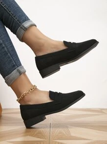 Women's Black Faux Suede Flat Shoes, Fashionable Pointed Toe Loafers, Autumn/Winter - Black - View 5