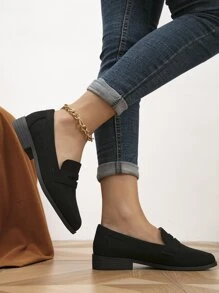 Women's Black Faux Suede Flat Shoes, Fashionable Pointed Toe Loafers, Autumn/Winter - Black - View 6