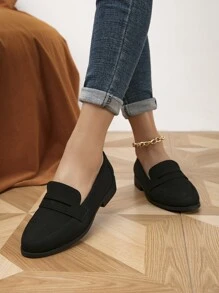 Women's Black Faux Suede Flat Shoes, Fashionable Pointed Toe Loafers, Autumn/Winter - Black - View 7