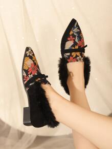 Floral Pattern Knot Decor Faux Suede Fuzzy Panel Flat Loafers - Multicolor - View 1