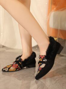 Floral Pattern Knot Decor Faux Suede Fuzzy Panel Flat Loafers - Multicolor - View 5