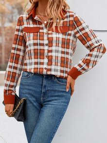 SHEIN LUNE Plaid Print Flap Detail Button Front Shirt - Rust Brown - View 1