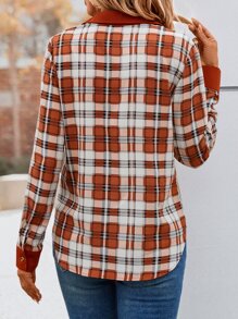 SHEIN LUNE Plaid Print Flap Detail Button Front Shirt - Rust Brown - View 2