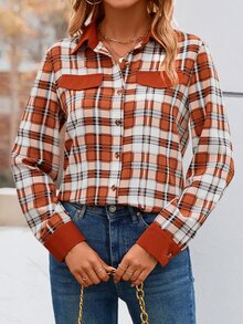 SHEIN LUNE Plaid Print Flap Detail Button Front Shirt - Rust Brown - View 3