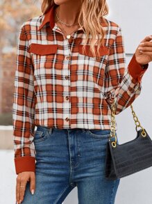 SHEIN LUNE Plaid Print Flap Detail Button Front Shirt - Rust Brown - View 4