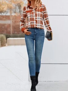 SHEIN LUNE Plaid Print Flap Detail Button Front Shirt - Rust Brown - View 5