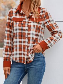 SHEIN LUNE Plaid Print Flap Detail Button Front Shirt - Rust Brown - View 6