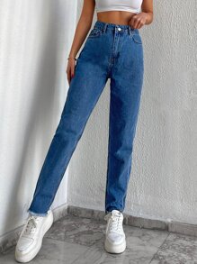 EURMUSE High Waist Raw Hem Mom Fit Jeans - Dark Wash - View 1