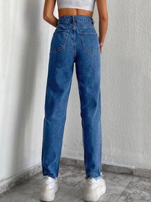 EURMUSE High Waist Raw Hem Mom Fit Jeans - Dark Wash - View 2