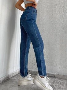 EURMUSE High Waist Raw Hem Mom Fit Jeans - Dark Wash - View 3