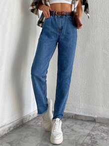 EURMUSE High Waist Raw Hem Mom Fit Jeans - Dark Wash - View 4