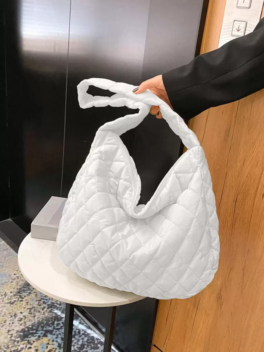 加垫绣花线单肩包简约白色菱形针脚大容量便携单肩包斜挎包。适合上班族通勤、大学生上学、旅行收纳、妈咪包、孕妇包 - 白色 - 查看 1