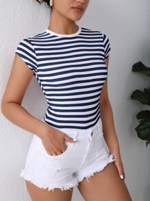 SHEIN Essnce 條紋印花圓領T恤 - 藏蓝色 - 查看 1