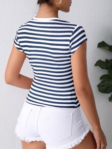 SHEIN Essnce 條紋印花圓領T恤 - 藏蓝色 - 查看 2
