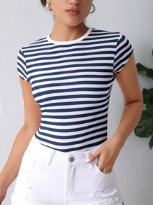 SHEIN Essnce 條紋印花圓領T恤 - 藏蓝色 - 查看 4