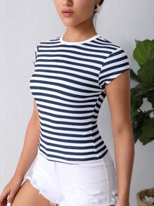 SHEIN Essnce 條紋印花圓領T恤 - 藏蓝色 - 查看 5