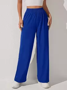 SHEIN PETITE Solid Wide Leg Trousers - Royal Blue - View 1