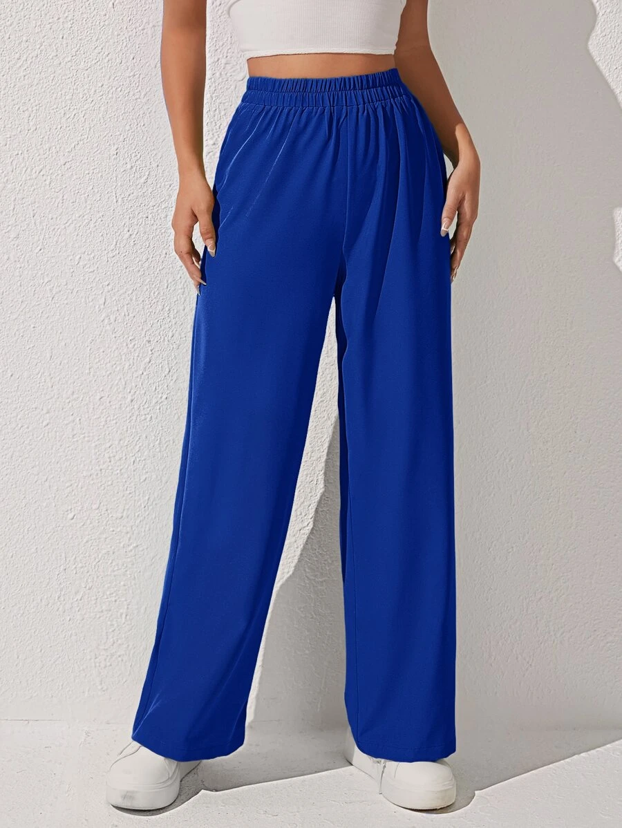SHEIN PETITE Solid Wide Leg Trousers - Royal Blue - View 1