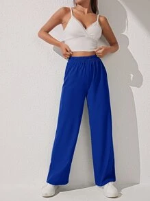 SHEIN PETITE Solid Wide Leg Trousers - Royal Blue - View 4