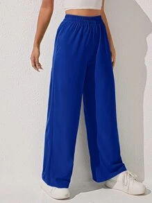 SHEIN PETITE Solid Wide Leg Trousers - Royal Blue - View 5