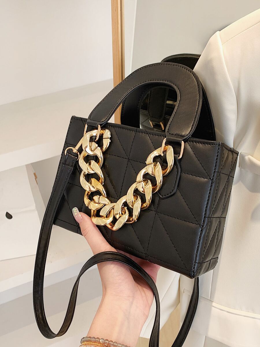 迷你衍縫鏈條裝飾方包 - 黑色 - 查看 1