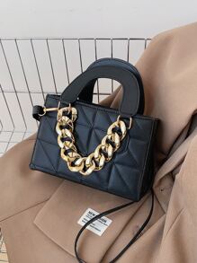 迷你衍縫鏈條裝飾方包 - 黑色 - 查看 5