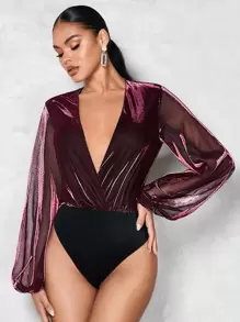 SHEIN BAE Plunge Neck Lantern Sleeve Contrast Mesh Bodysuit - Maroon - View 1