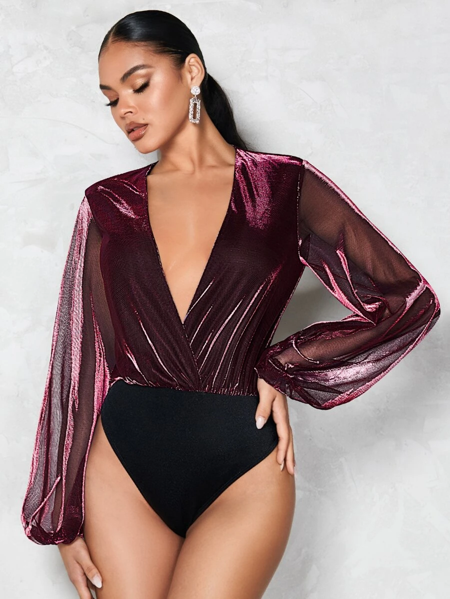 SHEIN BAE Plunge Neck Lantern Sleeve Contrast Mesh Bodysuit - Maroon - View 1