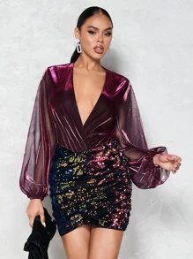 SHEIN BAE Plunge Neck Lantern Sleeve Contrast Mesh Bodysuit - Maroon - View 4