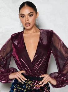 SHEIN BAE Plunge Neck Lantern Sleeve Contrast Mesh Bodysuit - Maroon - View 5