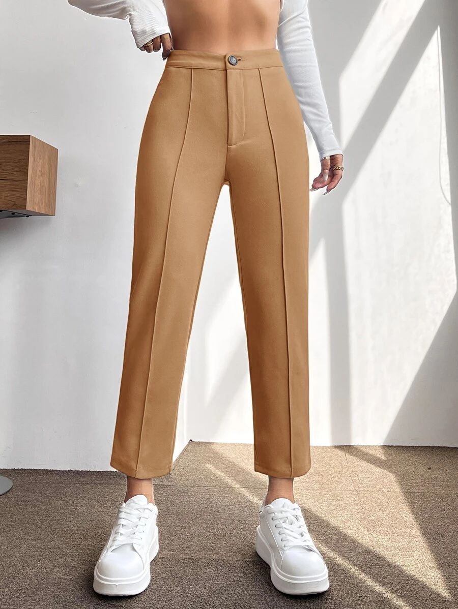 SHEIN PETITE Pantalones De Primavera Con Pretina Alta, Pliegues Prensados Y Ajuste Cónico - Marrón - Ver 1