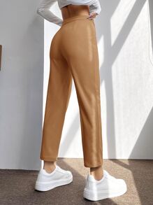 SHEIN PETITE Pantalones De Primavera Con Pretina Alta, Pliegues Prensados Y Ajuste Cónico - Marrón - Ver 2
